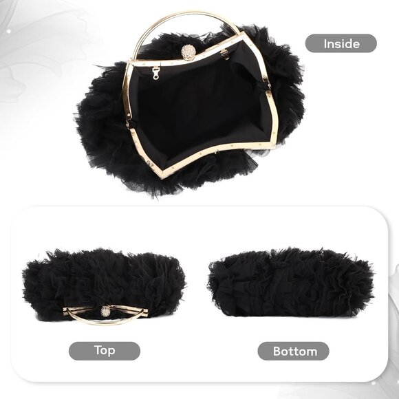 ⚡Women's Formal Flower Satin Metal Frame Evening Black Crossbody Clutch Handbag - Picture 7 of 7